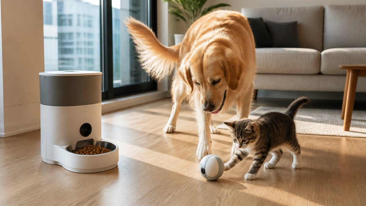 A dog and cat playing near a smart pet feeder and rolling toy in a sunlit modern apartment living room