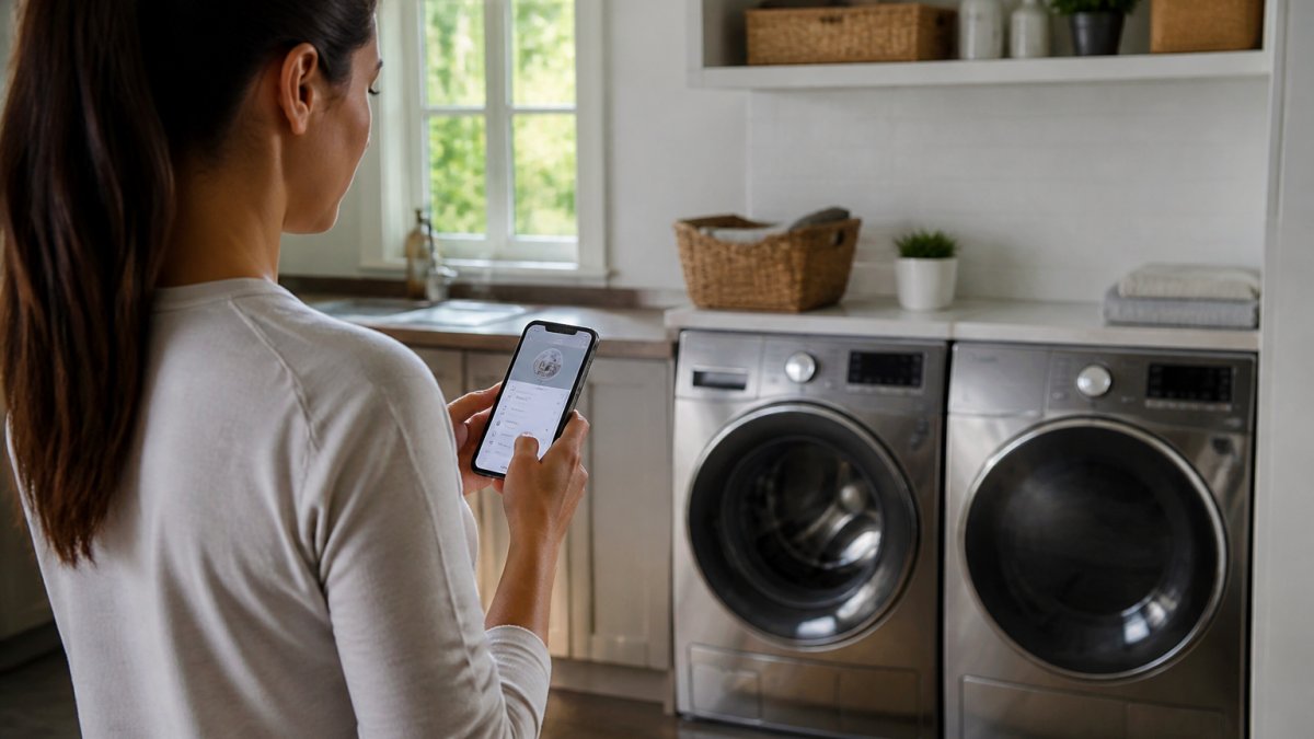 Homeowner using smartphone to check smart washing machine status in modern laundry room with natural window lighting