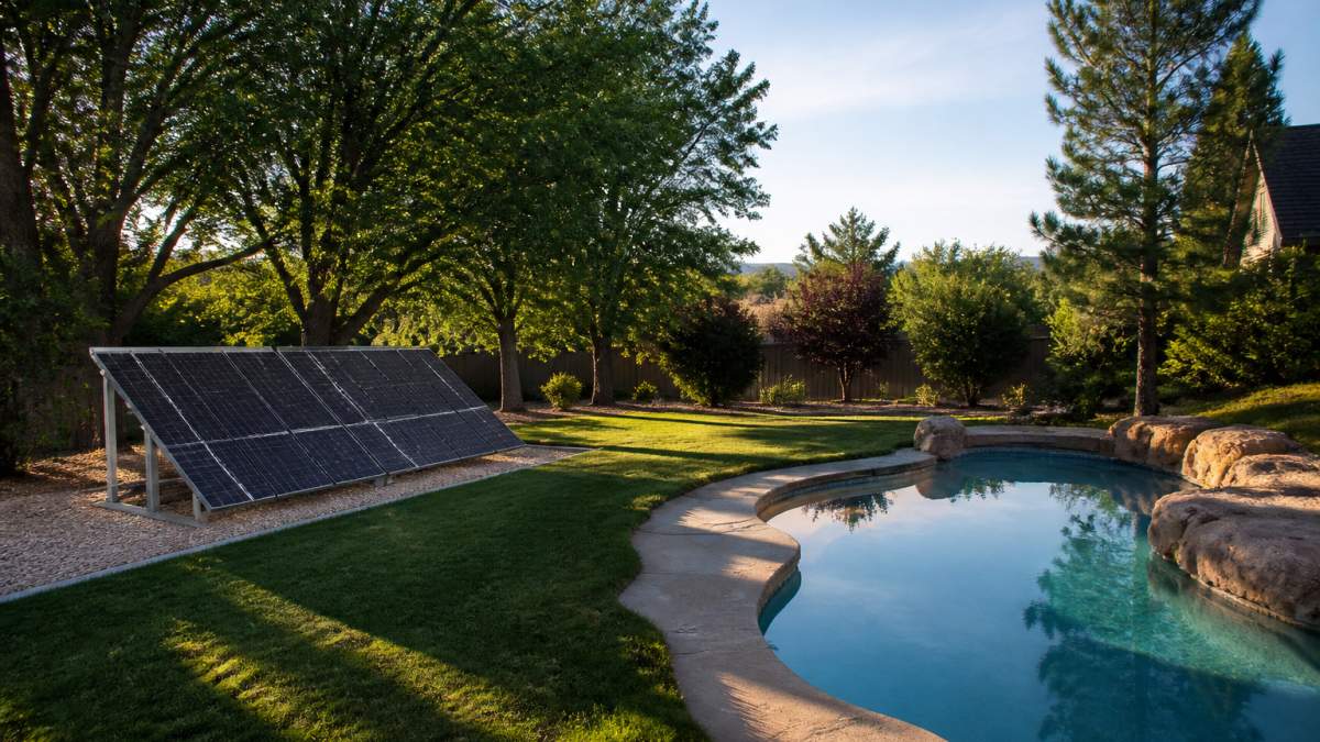 A backyard swimming pool with solar collector panels mounted on a ground rack at the sunniest edge of the yard, trees casting visible shade across part of the lawn, late afternoon light
