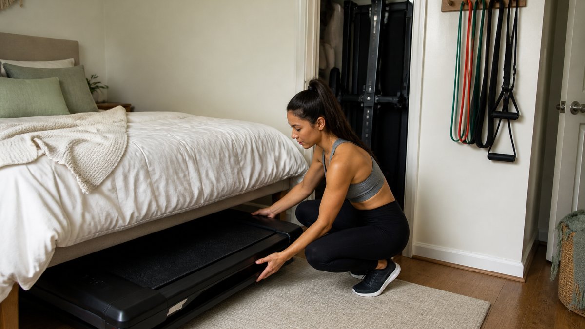 Diagram illustrating storage methods for foldable exercise gear in a small bedroom layout