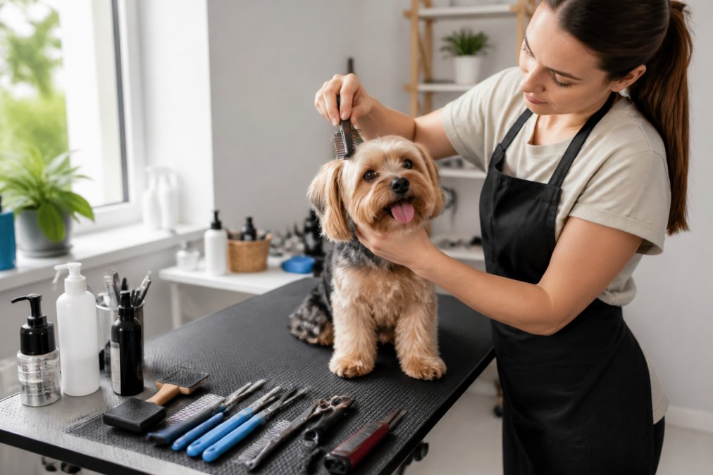 A person grooming a dog on a grooming table with multiple specialized grooming tools arranged nearby on the table surface, showing proper ergonomic positioning with natural light from a window, demonstrating a complete at-home grooming setup