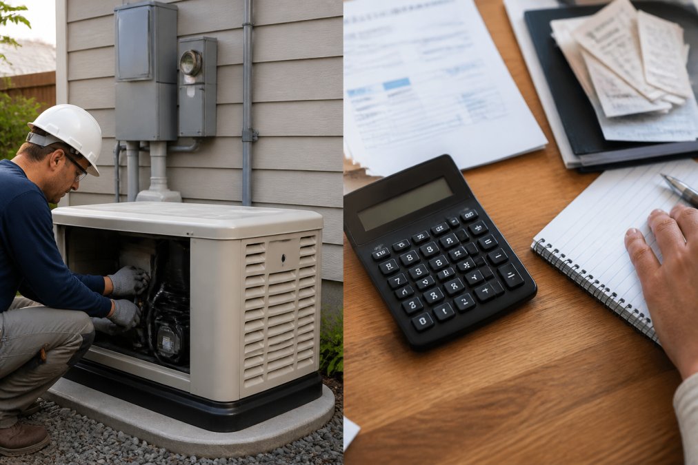 Licensed electrician installing a residential standby generator with a wall-mounted transfer switch