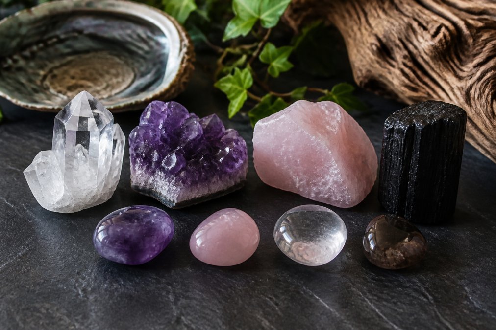 Arranged collection of raw and polished crystals including clear quartz, amethyst, rose quartz, and black tourmaline displayed on dark surface with soft natural lighting