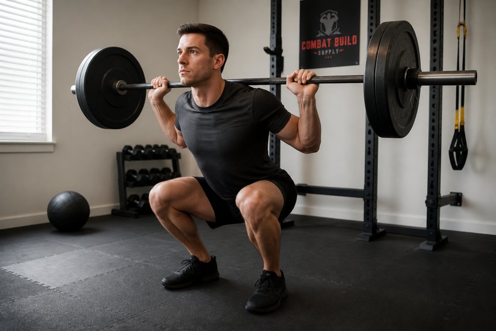 Fighter performing barbell back squat with proper depth in a well-lit home gym, showing engaged glutes and neutral spine position during the descent