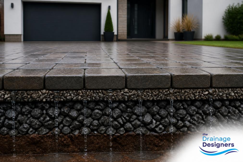 Close-up of permeable paving blocks in a residential driveway with visible joint gaps and water visibly draining through the surface into a gravel sub-base layer below