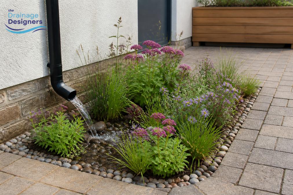 A compact rain garden in a small urban courtyard with native flowering plants including sedums and grasses, water visibly flowing from a downpipe into the planted depression, surrounded by permeable paving