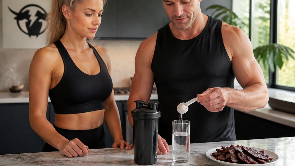 Athlete mixing a scoop of white electrolyte powder into a glass of water on a kitchen counter next to beef jerky