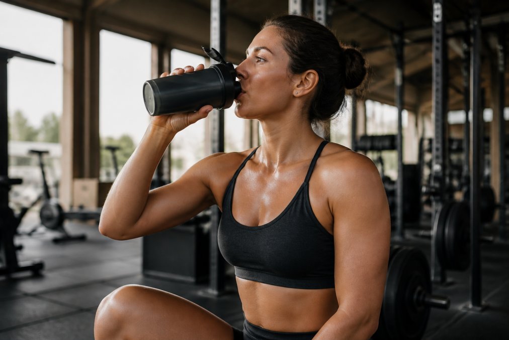 Woman holding a pre-workout supplement shaker bottle in bright gym environment, about to consume before training session, natural lighting