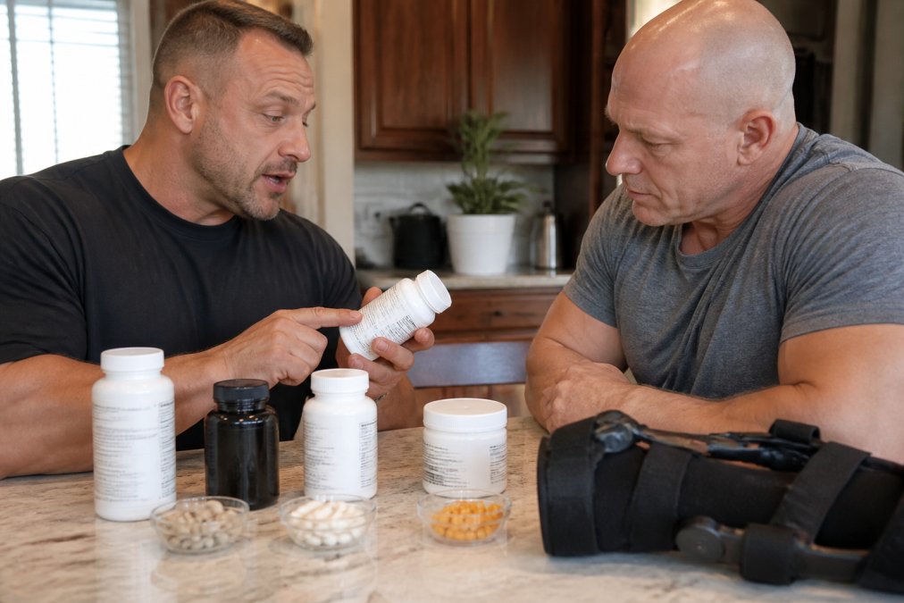Supplement bottles and a knee brace used for the 7 best supplements for knee injury recovery 2026 protocol.