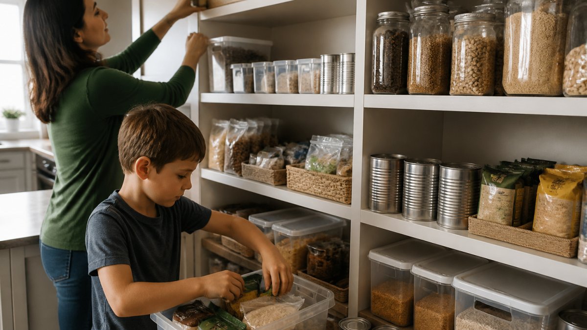 A family organizing gluten-free survival food and canned goods on a pantry shelf together.