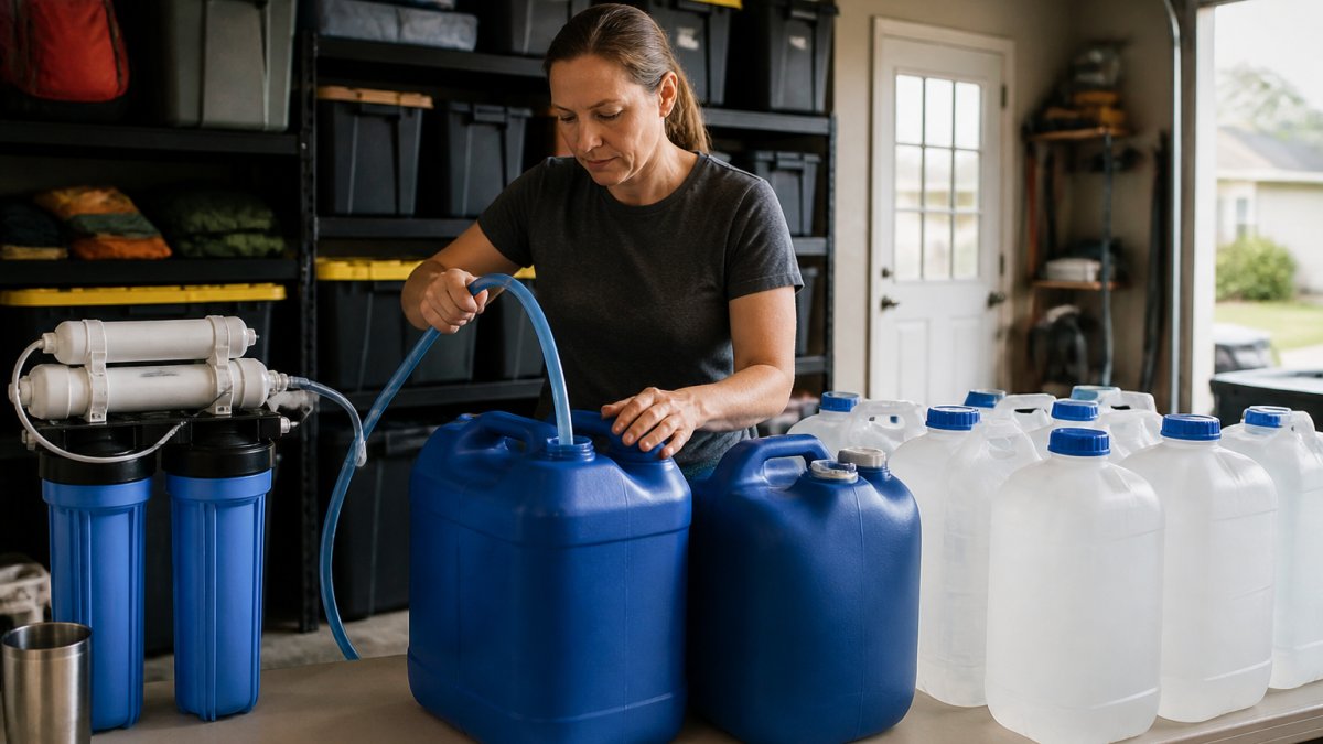 A parent in a suburban garage filling labeled water storage containers next to a countertop water filter, shelves of emergency supplies in the background