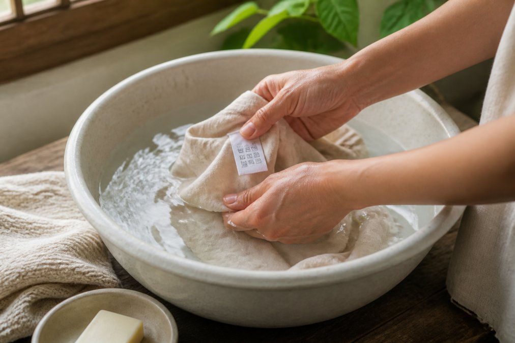Person gently hand-washing delicate sustainable clothing in cool water in a ceramic basin, with a clothing care label visible showing washing instructions in natural window lighting