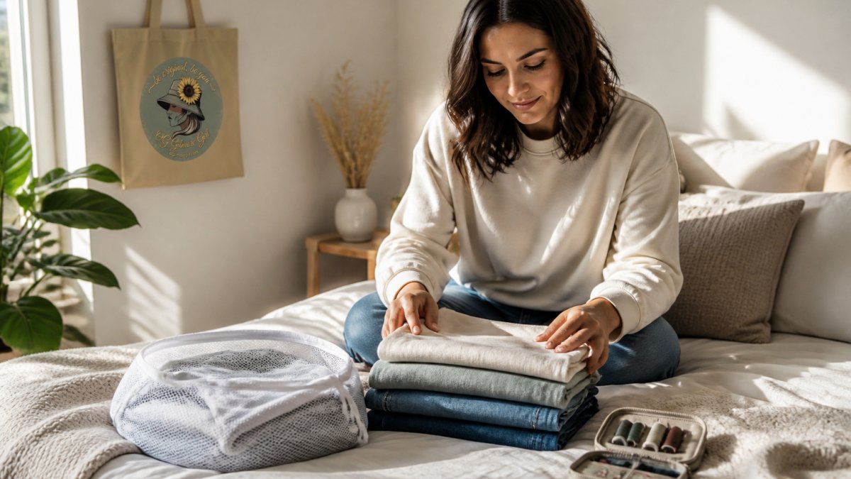 Woman folding a stack of cotton shirts and denim on a sunlit bed with a sewing kit and laundry bag nearby