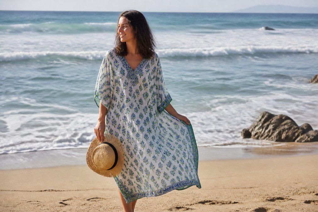 A woman wearing a flowing hand block-printed cotton kaftan standing on a sunny beach, holding a woven straw hat, with ocean waves in the background