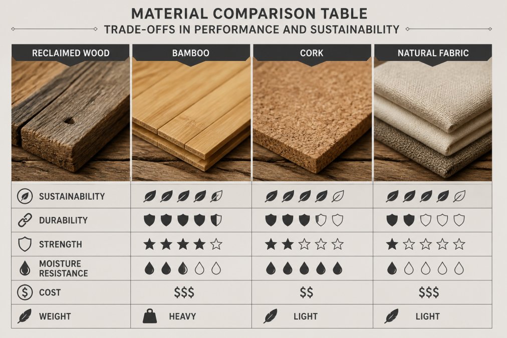 Close-up of reclaimed wood, bamboo, cork, and natural fabric swatches arranged side by side on a natural wooden surface, showing distinct textures, grain patterns, and color variations in natural daylight