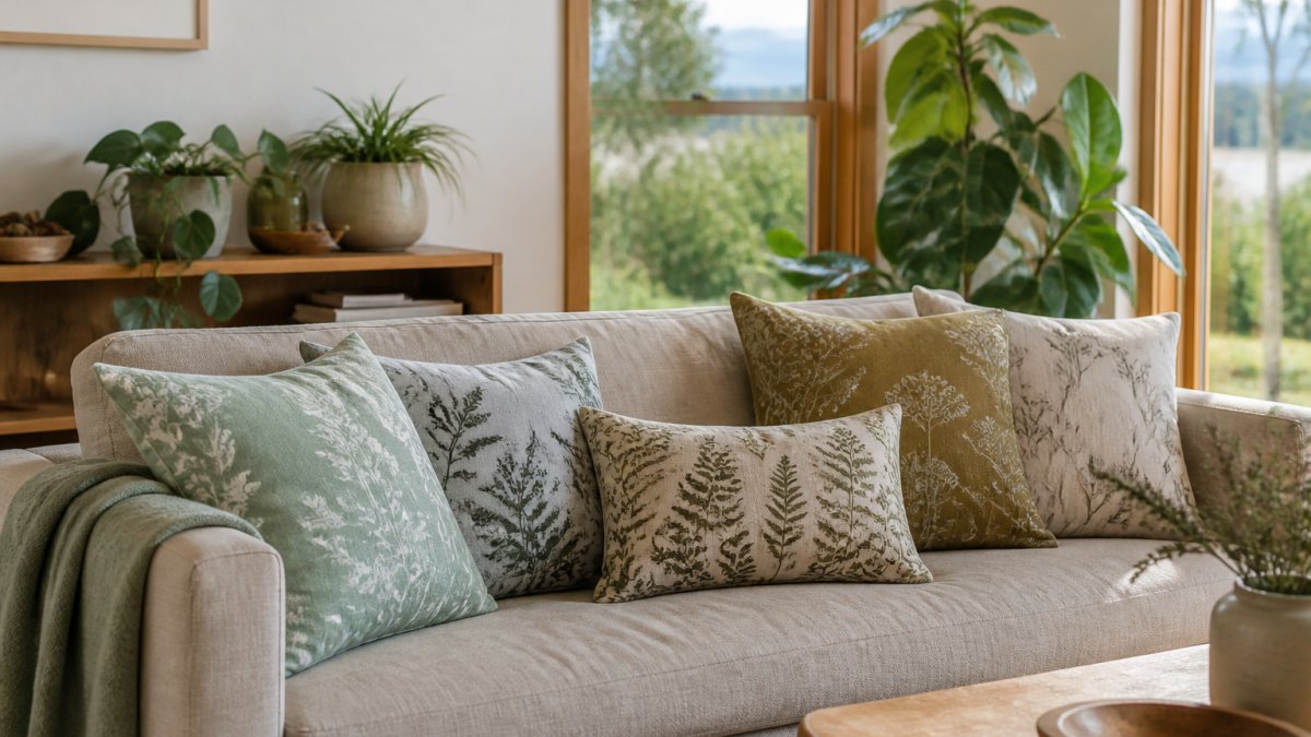 Sunlit living room featuring organic linen sofa with nature-inspired cushions and lush indoor plants