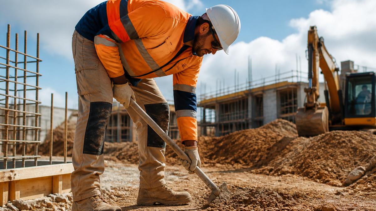 Construction worker on active site wearing durable leather boots and protective workwear, demonstrating comfort and durability during physical labour in daylight
