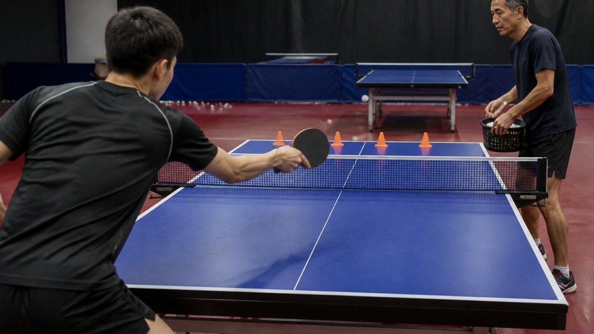 A table tennis player practicing a forehand shot aimed at small target cones on the far side of the table, coach feeding balls nearby, gym lighting