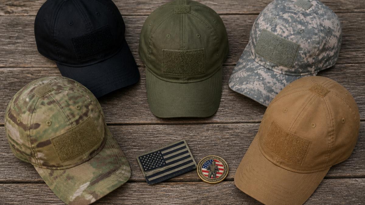 Comparison infographic of five military-style caps with an Army Reserve patch and challenge coin on a wooden table.