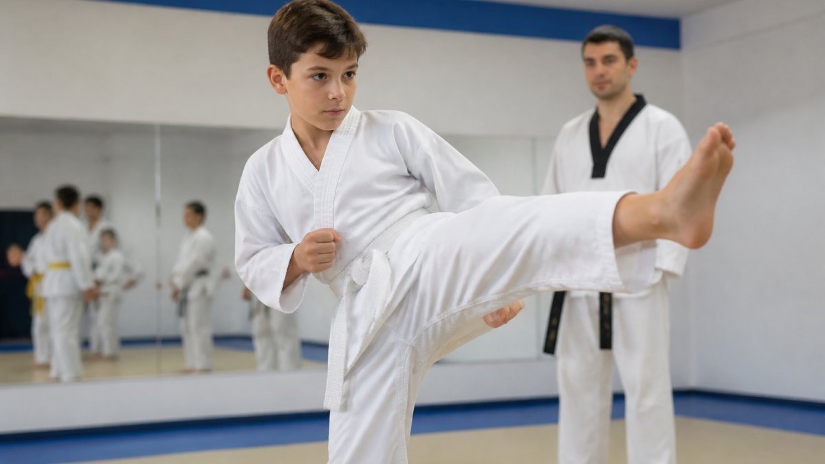 Young martial artist in a white lightweight taekwondo uniform performing a dynamic front kick during training class, instructor visible in background