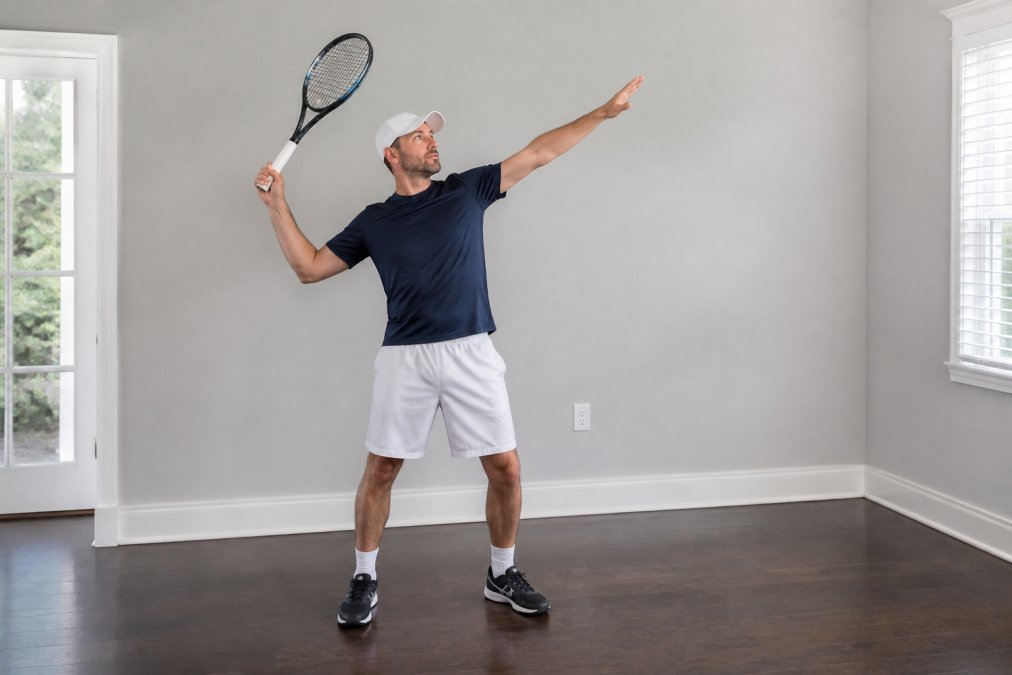 Tennis player demonstrating trophy position indoors, standing with feet shoulder-width apart, left arm extended forward for balance, right arm bent at elbow with racket held high behind head, showing proper shoulder rotation and posture in natural home lighting