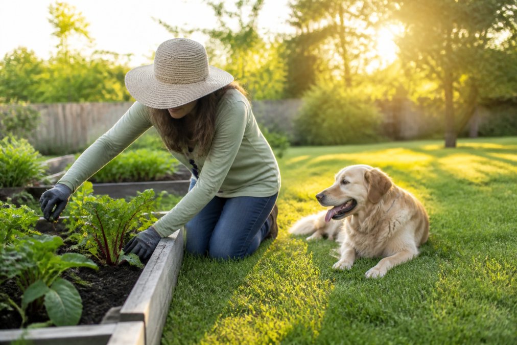 Gardener in long sleeves and gloves kneeling beside a raised vegetable bed, a dog resting nearby on a treated lawn, late afternoon light