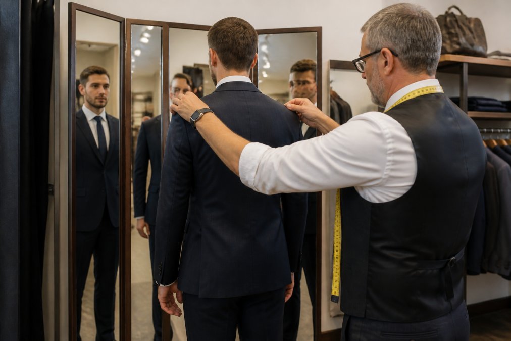 A tailor adjusting the shoulders of a suit jacket on a client standing in front of a three-way mirror in a bright alterations shop, with a measuring tape draped around the tailor's neck