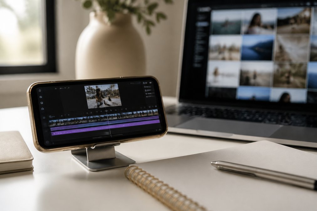 A smartphone on a clean white desk displaying a video editing timeline with auto-caption tracks, a laptop open to a stock footage library blurred in the background, and soft natural window light