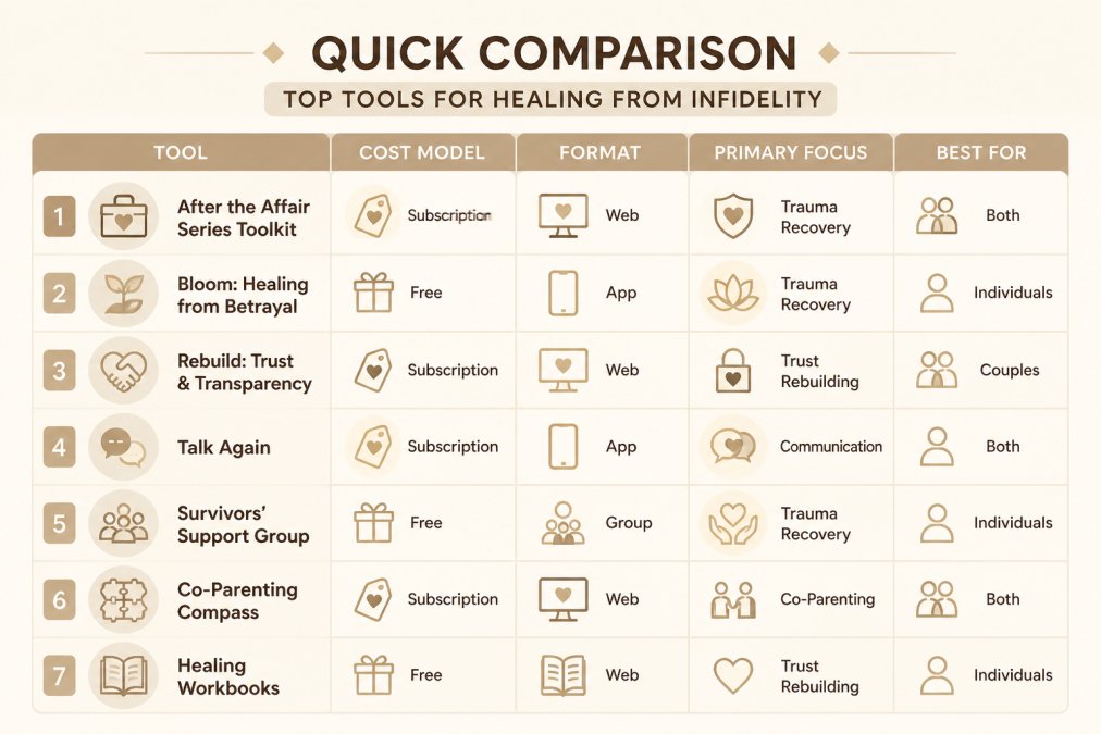 7 Best Tools for Healing from Infidelity in 2026 1 Comparison matrix showing 7 tools for healing from infidelity across dimensions: cost model (free/subscription), format (app/web/group), primary focus (trauma recovery/trust rebuilding/communication/co-parenting), and best for (individuals/couples/both)