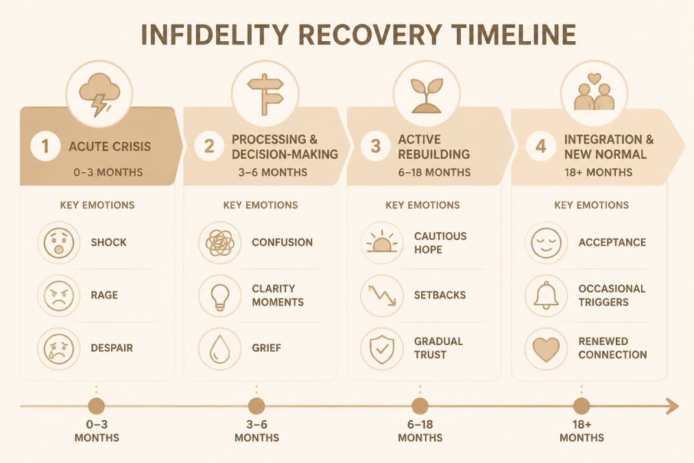 7 Best Tools for Healing from Infidelity in 2026 2 Timeline visualization showing four phases of infidelity recovery: acute crisis (0-3 months) with key emotions of shock, rage, despair; processing and decision-making (3-6 months) with emotions of confusion, clarity moments, grief; active rebuilding (6-18 months) with emotions of cautious hope, setbacks, gradual trust; integration and new normal (18+ months) with emotions of acceptance, occasional triggers, renewed connection