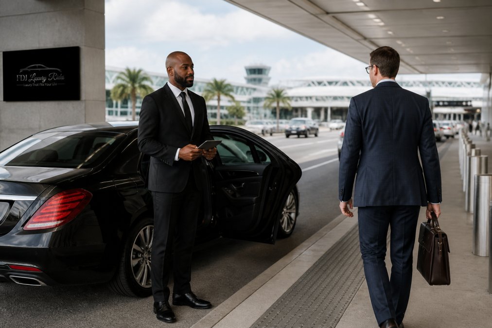 A professional chauffeur in a suit holding a tablet with flight information, standing beside a black luxury sedan at an airport curbside pickup area, with a businessman walking toward the car carrying a briefcase