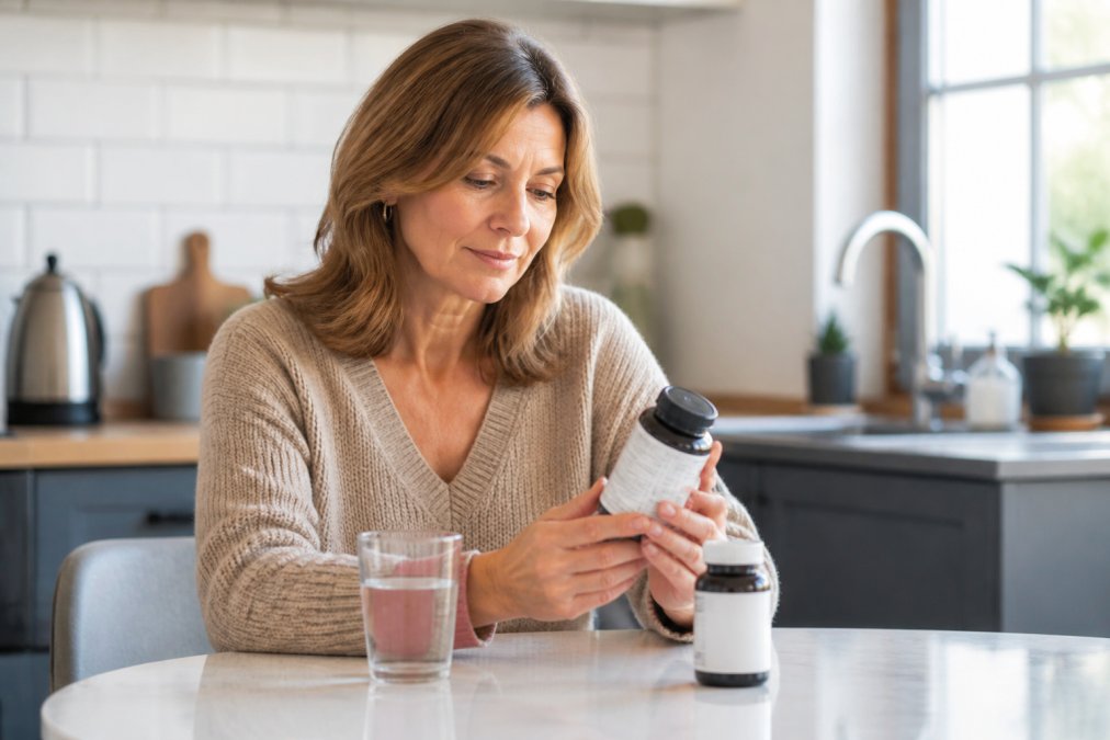 A woman in her late 40s sitting at a bright kitchen table with a glass of water and a bottle of supplement capsules, looking at the label with a calm, focused expression
