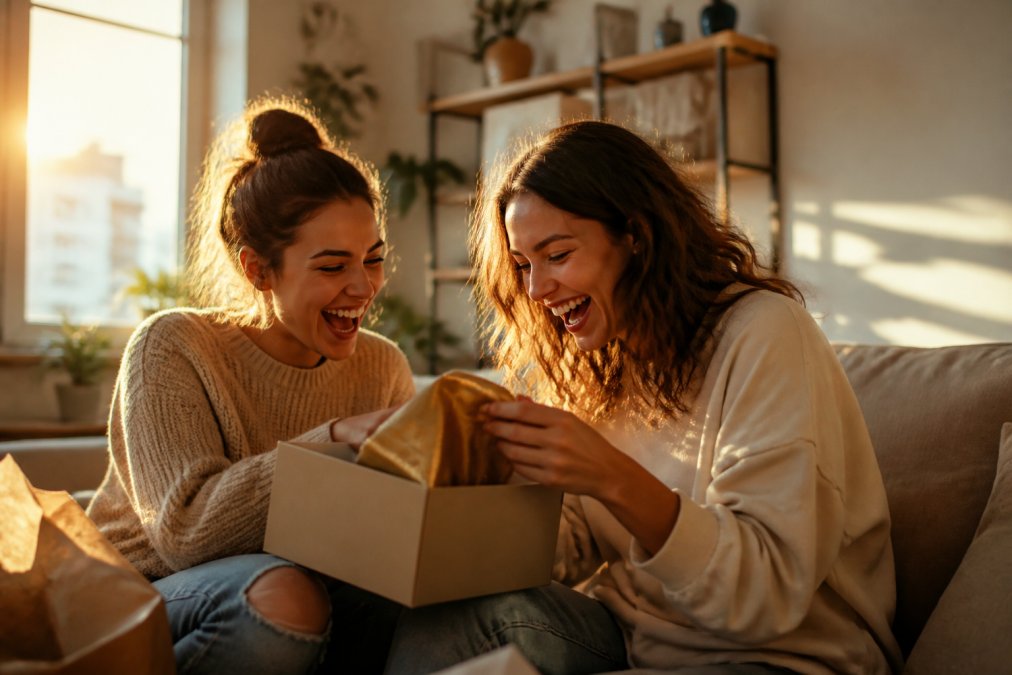 Two best friends laughing together while unwrapping a gift box, warm golden hour lighting streaming through a window, genuine joy and celebration captured in close-up detail
