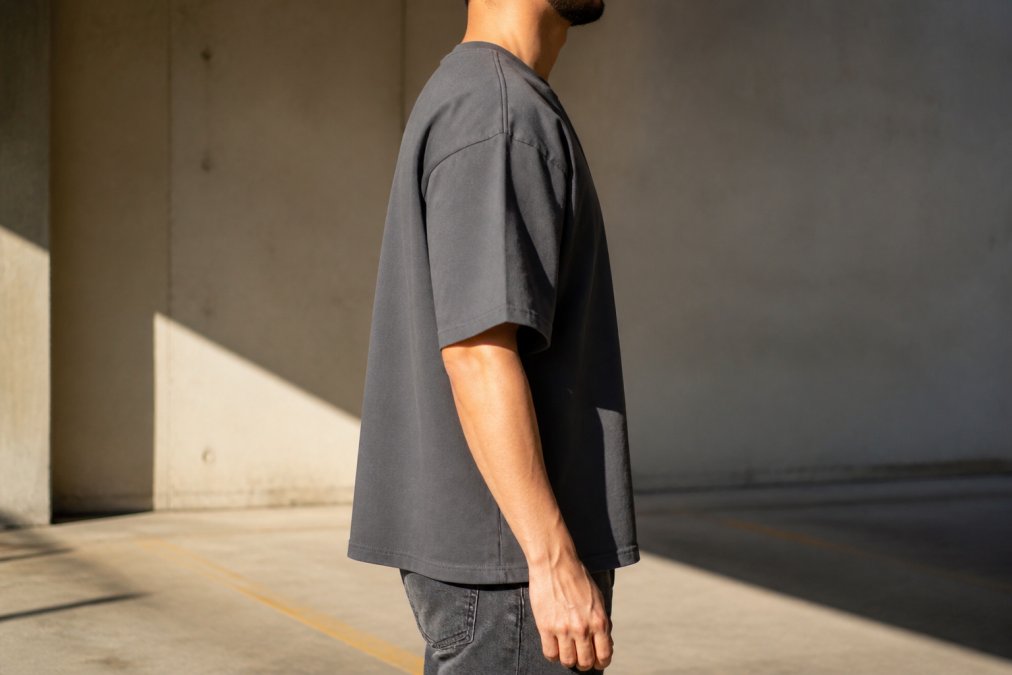 A person wearing an oversized heavyweight t-shirt standing in natural light, showing the boxy drape and thick fabric structure from a side angle