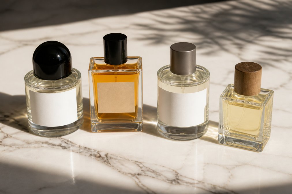 A flat lay of four distinct unisex perfume bottles arranged on a white marble counter, soft morning light casting gentle shadows across the varied bottle shapes and labels
