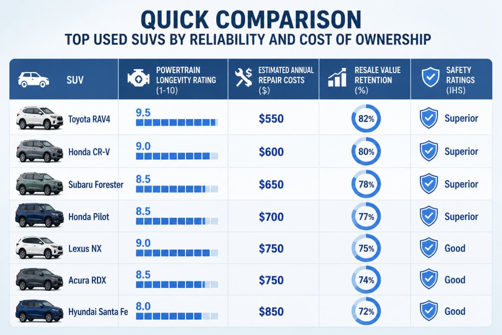 Feature comparison matrix of Toyota RAV4, Honda CR-V, Subaru Forester, Honda Pilot, Lexus NX, Acura RDX, and Hyundai Santa Fe showing powertrain longevity rating (1-10), estimated annual repair costs ($500-$1,200), resale value retention (70-85%), and safety ratings (Good-Superior)