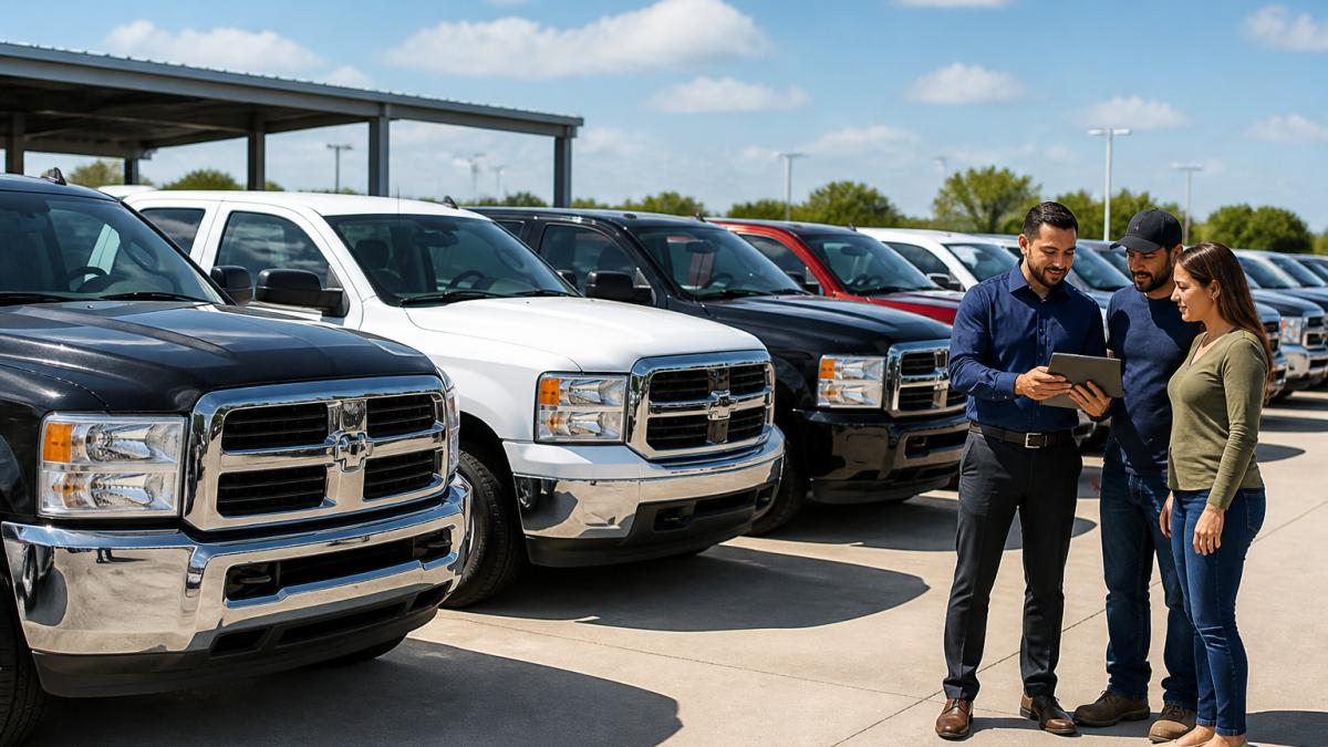 A row of seven used pickup trucks parked on a dealership lot, a salesperson showing a tablet to a couple, bright daylight