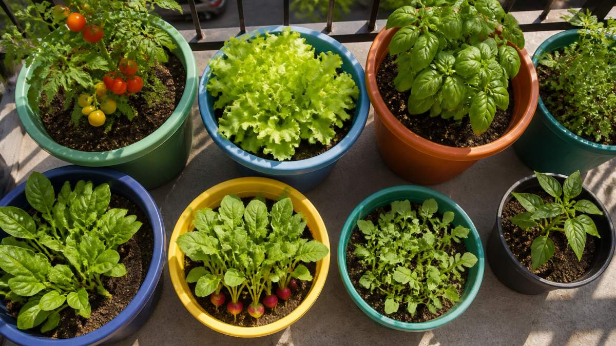 Overhead view of a sunny balcony with multiple colorful plastic pots containing thriving cherry tomato plants, lettuce, basil, and radish seedlings at various growth stages, with morning sunlight casting gentle shadows