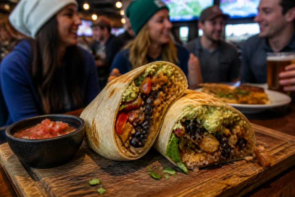 A close-up shot of a freshly made vegetarian burrito cut in half on a rustic wooden board, showing layers of sautéed vegetables, beans, rice, and guacamole, with a small bowl of house-made salsa on the side in a vibrant sports bar setting