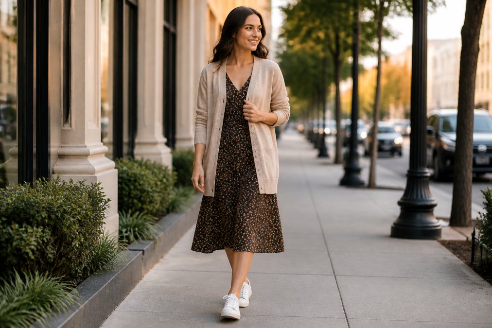 Person layering a neutral cardigan over a printed dress with sneakers, demonstrating casual day-to-night versatility