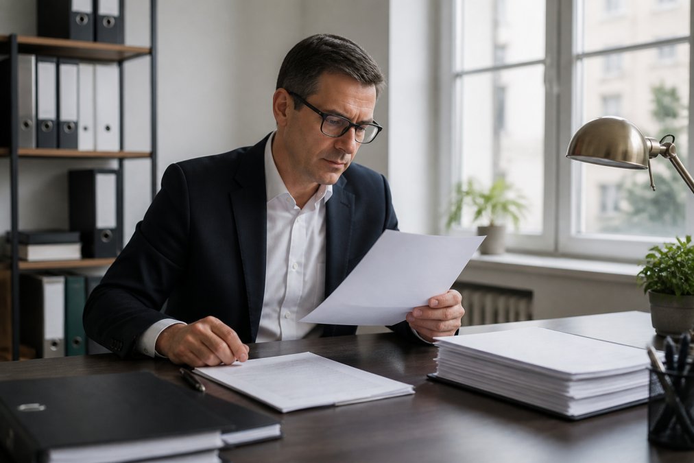 Professional business owner reviewing incorporation documents and laptop at organized desk with legal paperwork in modern office setting, natural window lighting