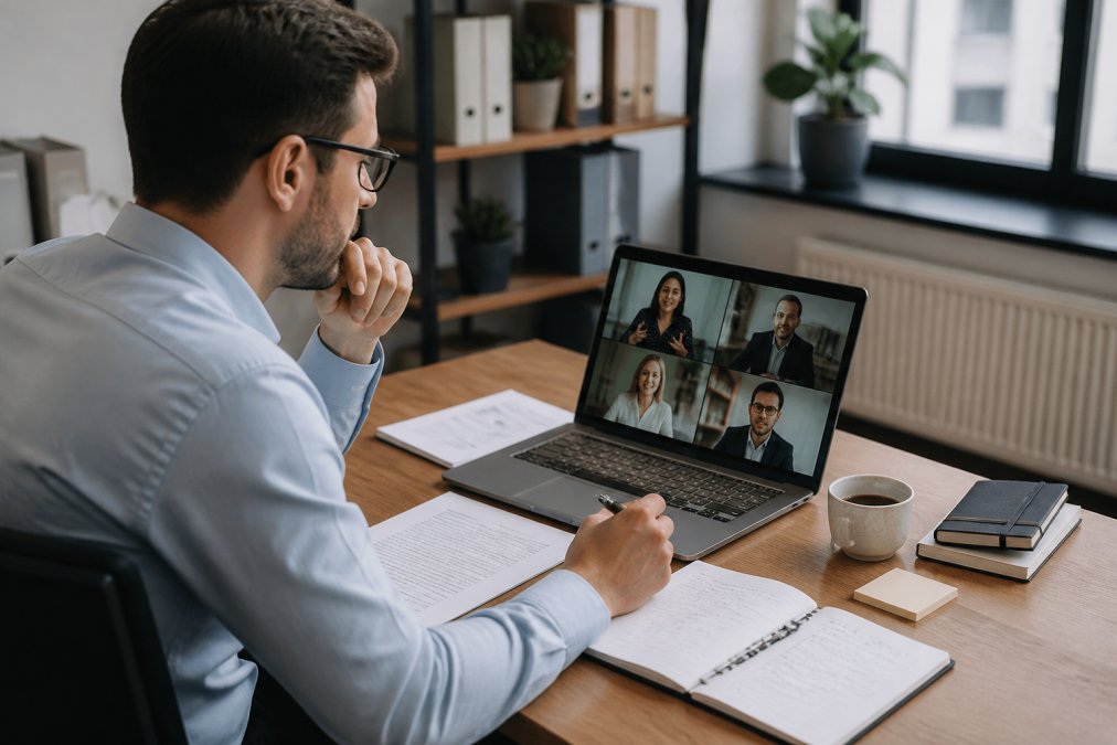 International entrepreneur on video call with colleagues, reviewing business documents and notes on desk with laptop and coffee in professional setting