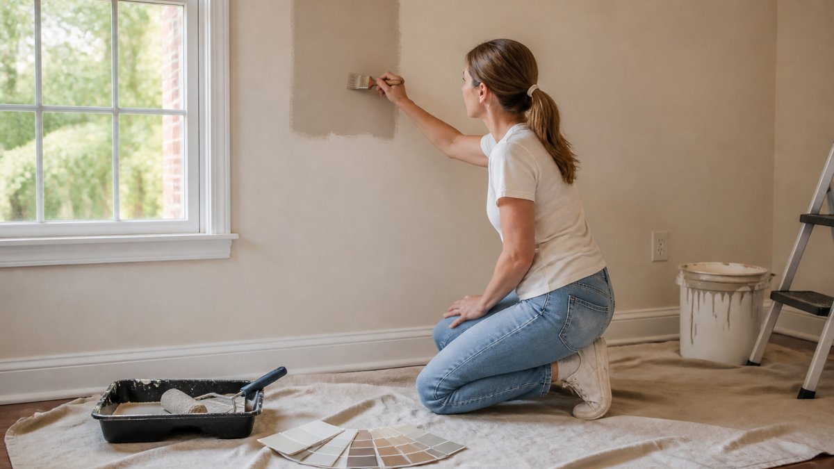 A homeowner brushing a large square paint sample onto a living room wall next to a window, with paint swatches and a roller tray on the floor nearby