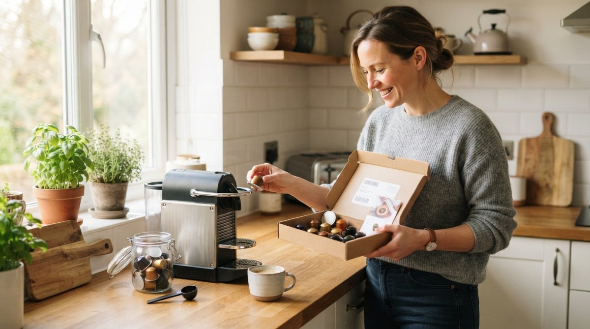 A person in a bright kitchen holding a freshly delivered box of coffee capsules next to a coffee machine, with a smile, natural morning light