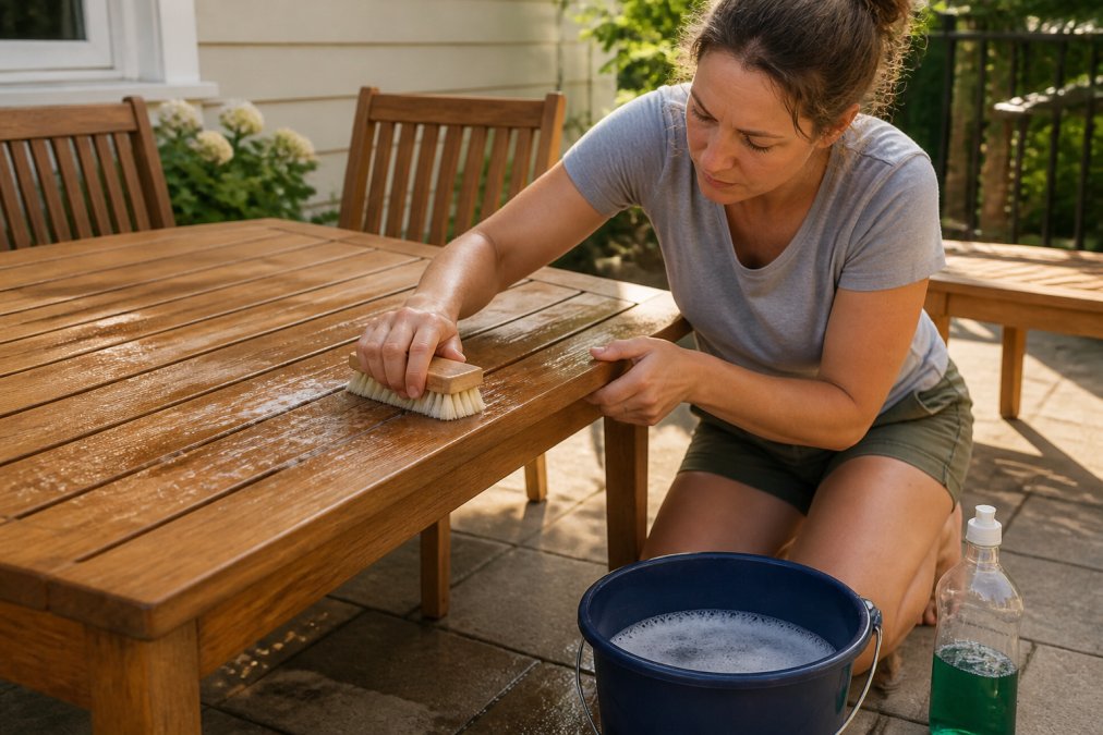 Step-by-step guide on using mild soap and a soft brush as one of the 7 best ways to clean teak outdoor furniture