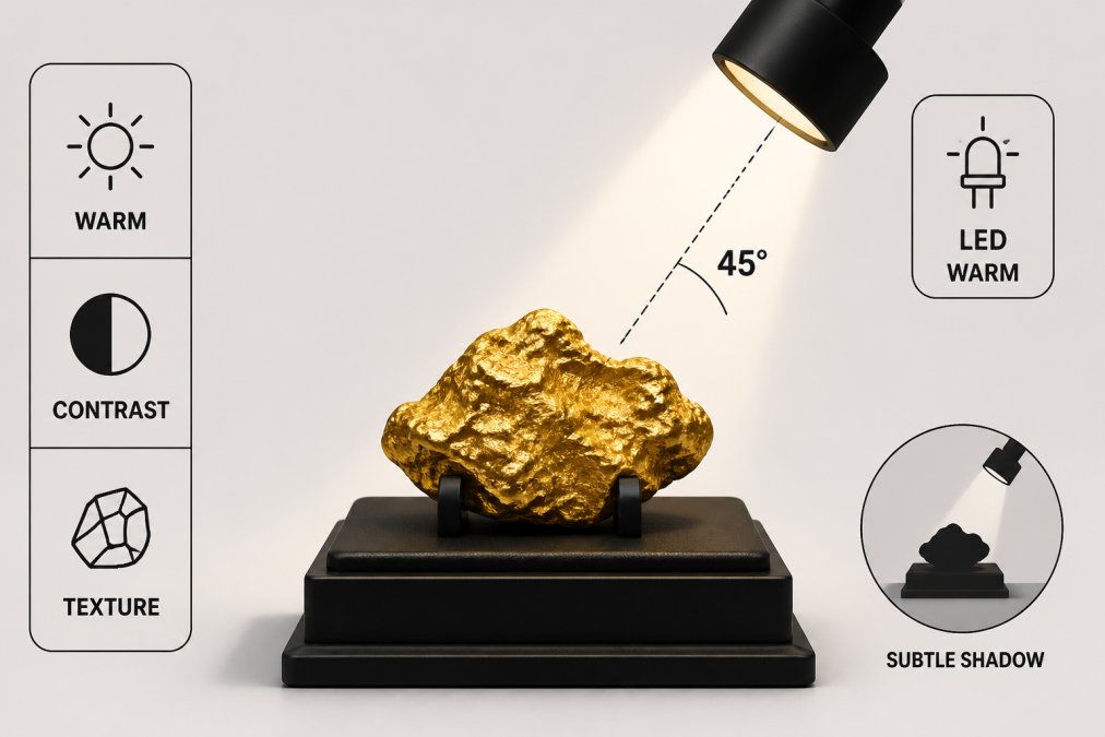 Raw gold specimen positioned on a display stand with warm LED spotlighting angled from above at 45 degrees, creating subtle shadows that enhance the specimen's texture and dimensionality, with neutral background