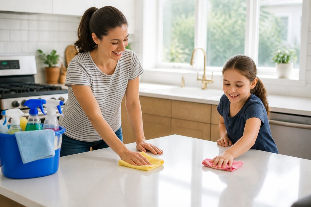 A parent and child wiping down a bright modern kitchen counter together, cleaning supplies visible on the counter beside them, warm natural light coming through a window above the sink