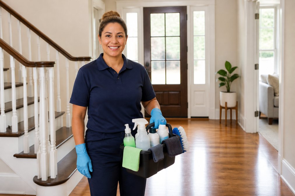 A uniformed professional cleaner wearing blue rubber gloves and carrying a caddy of eco-friendly cleaning supplies, standing in the sunlit entryway of a well-maintained home with hardwood floors