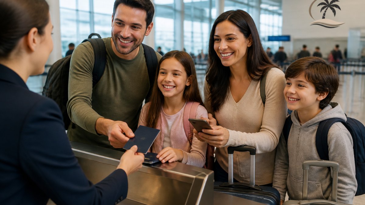 A family of four at an airport check-in counter with passports, luggage, and a smartphone showing a flight booking confirmation, looking excited for their international trip