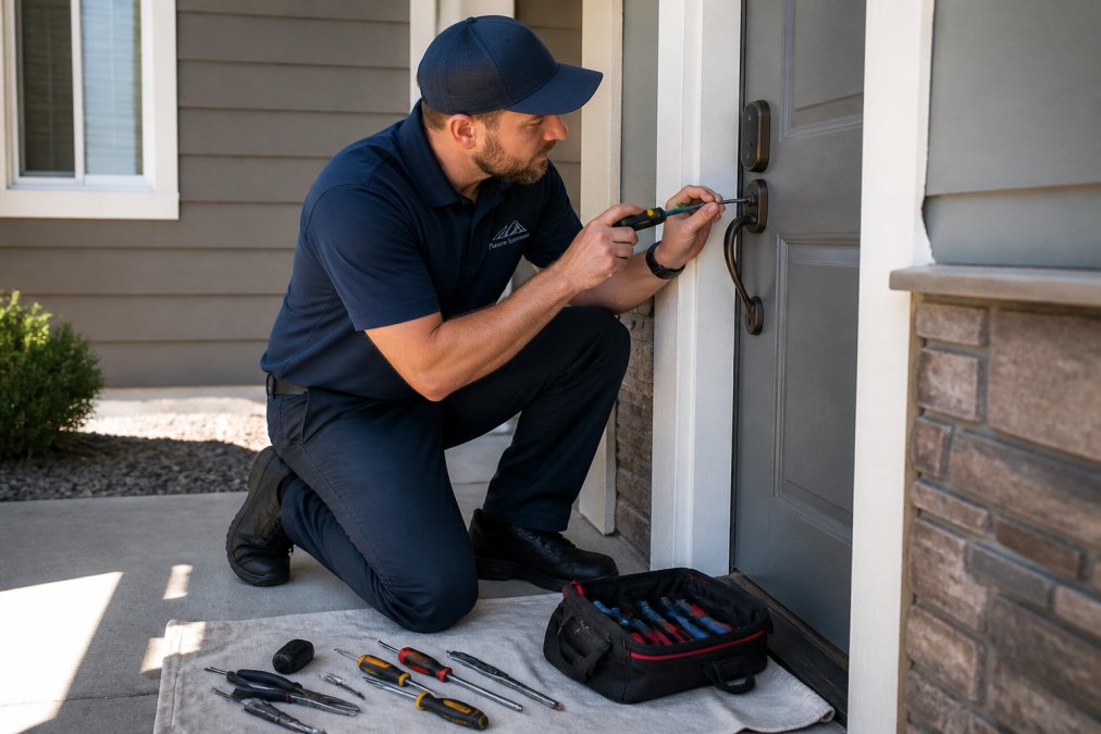 Locksmith installing a smart deadbolt on a front door to help prevent home lockouts